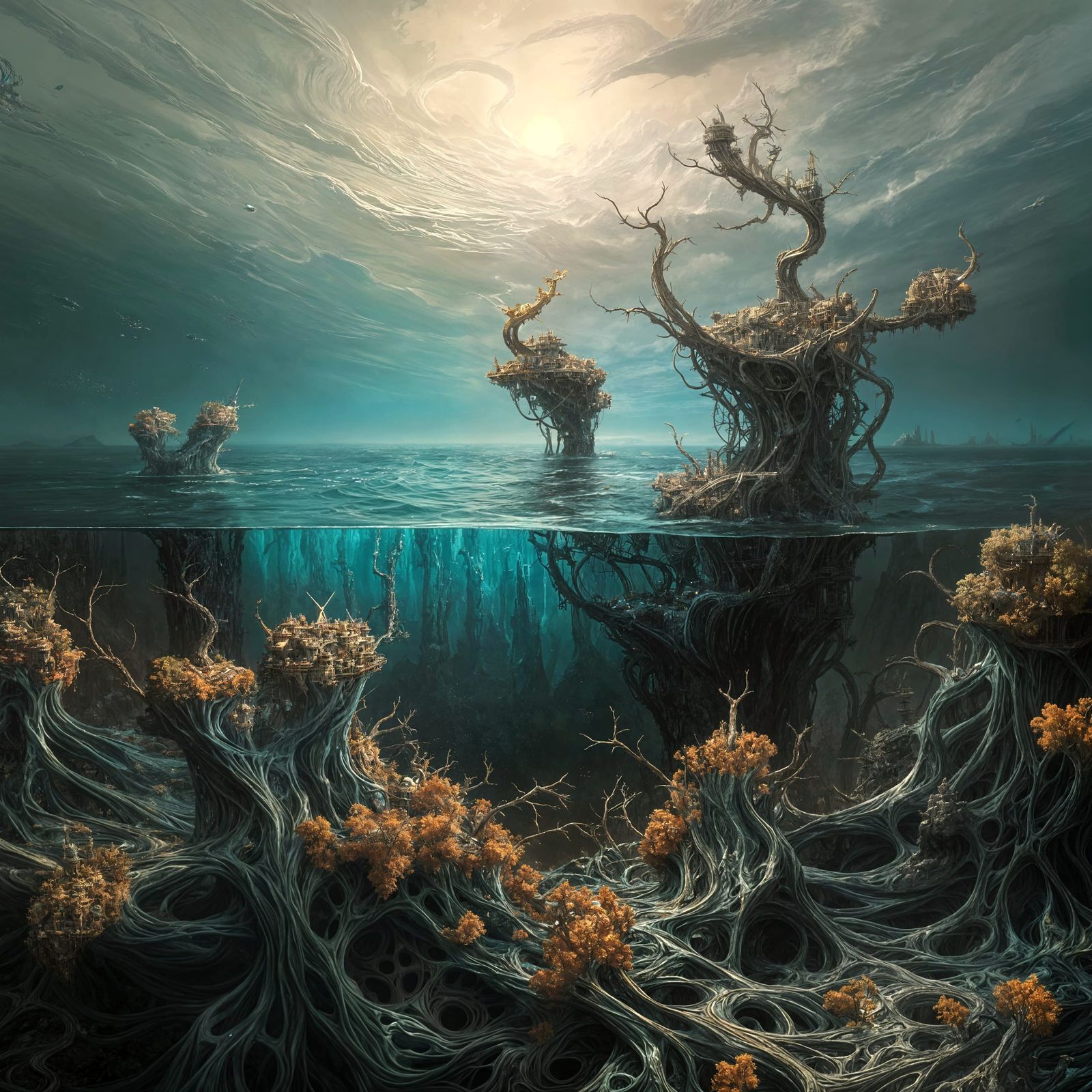 Surreal Oceanic Landscape in the Style of Valentine Hugo