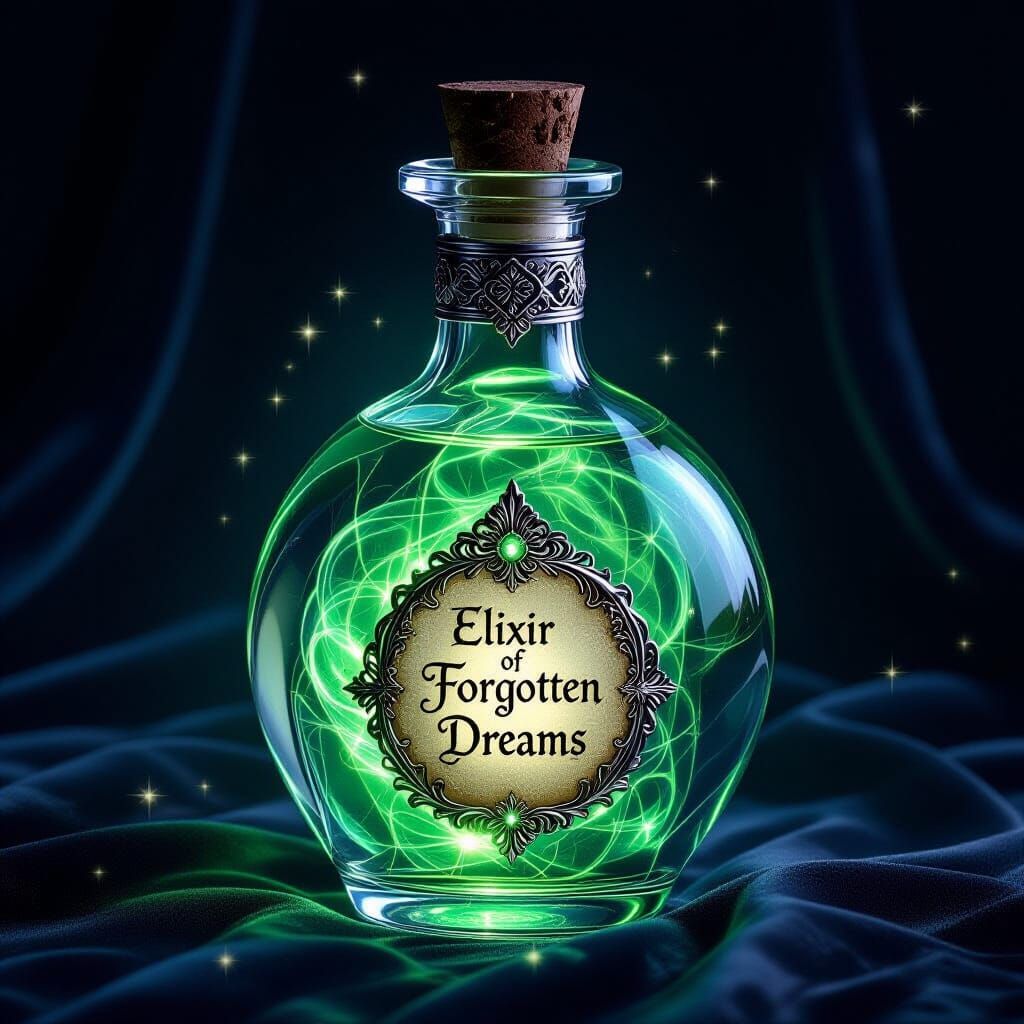 Glowing Emerald Elixir Bottle with Ancient Runes