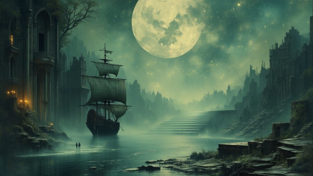 Pirate Ship Navigates Misty River Under Nebula Sky