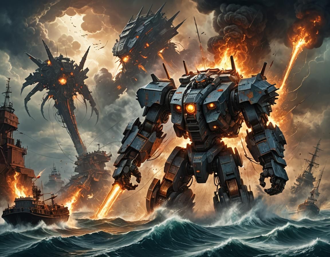 Mechs Clash in Burning Ocean Apocalypse