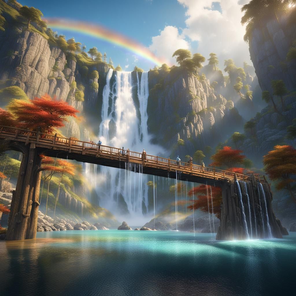 Spectacular Waterfall Scene with Rainbow and Bridge