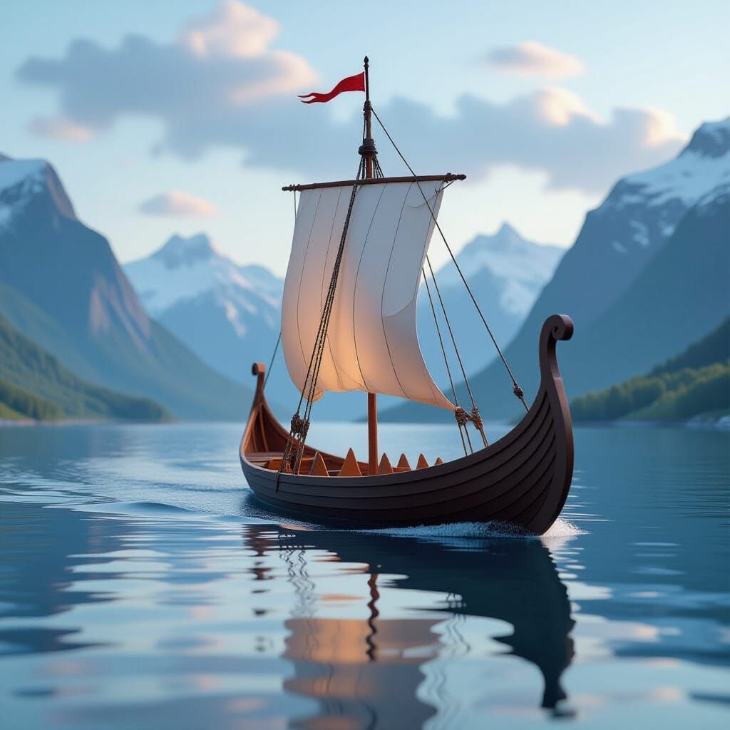 Paper Viking Longship in Nordic Fjord