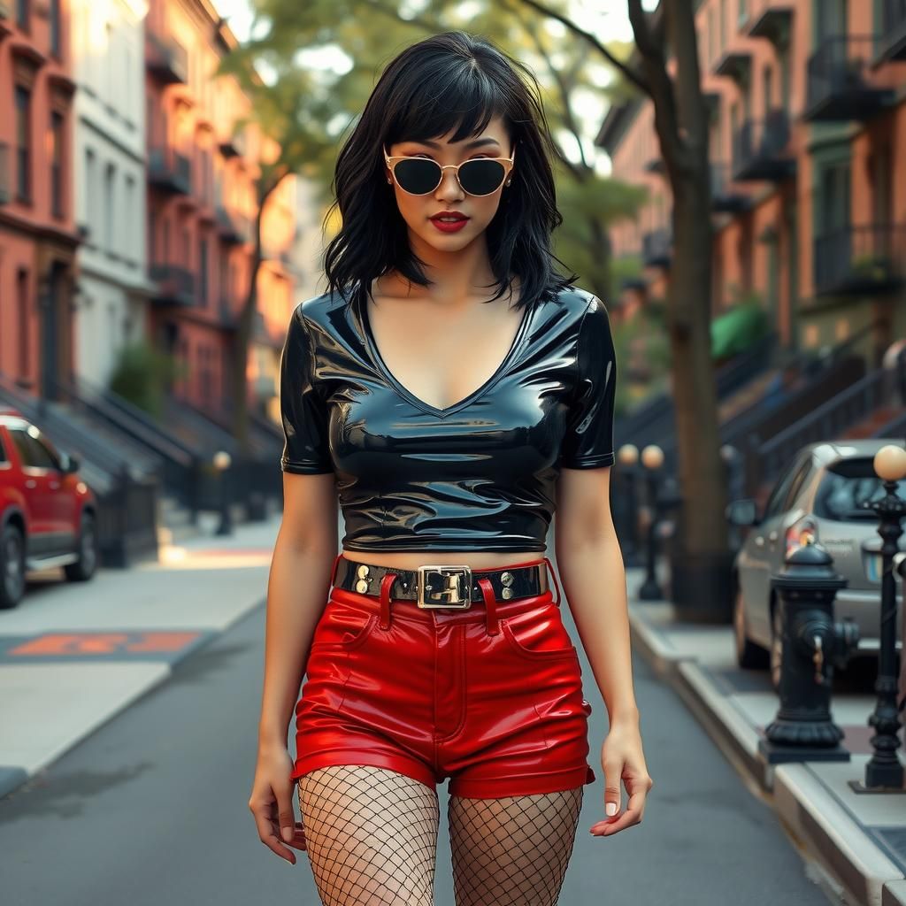 Woman in Latex Outfit Walking City Street, Cinematic Style