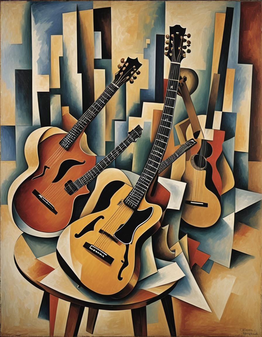 Cubist Guitar Perspectives: Abstract Digital Art