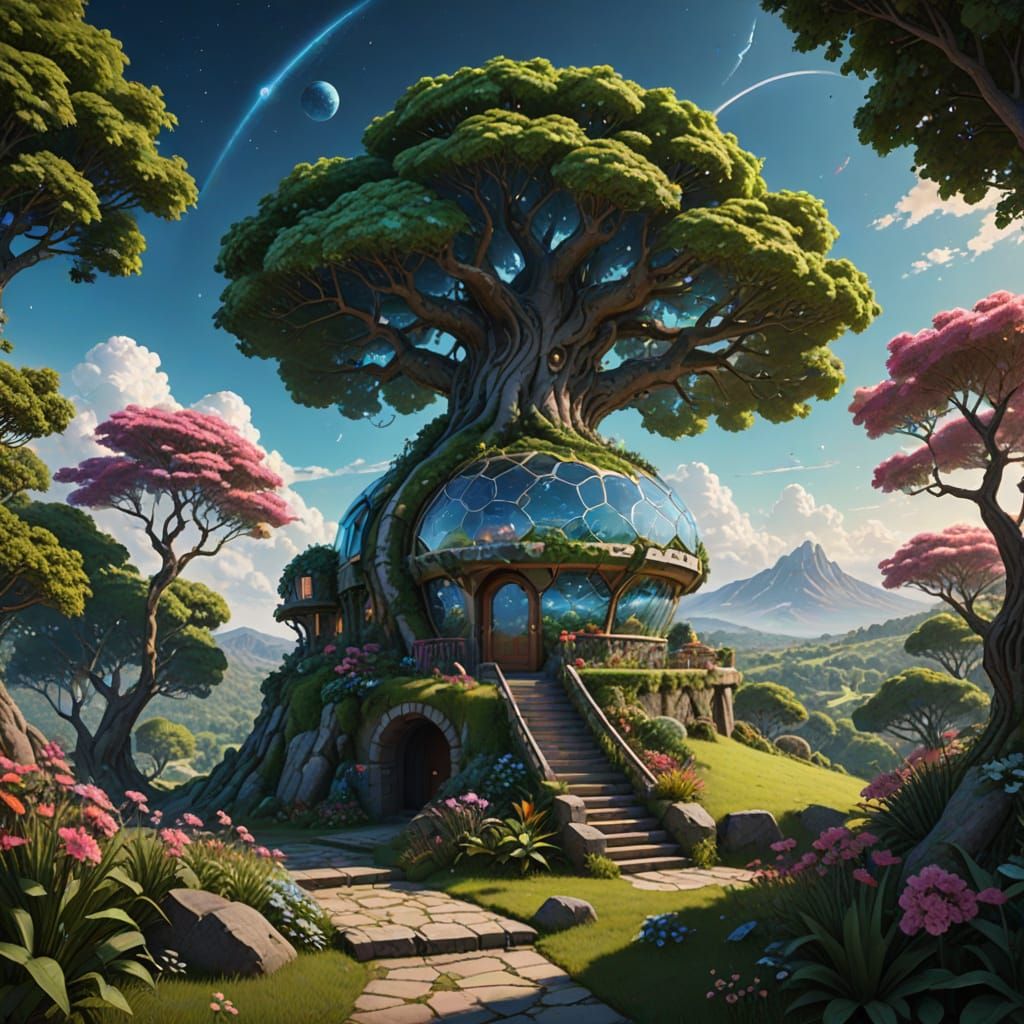 Futuristic Geode House on Hill with Starry Planet