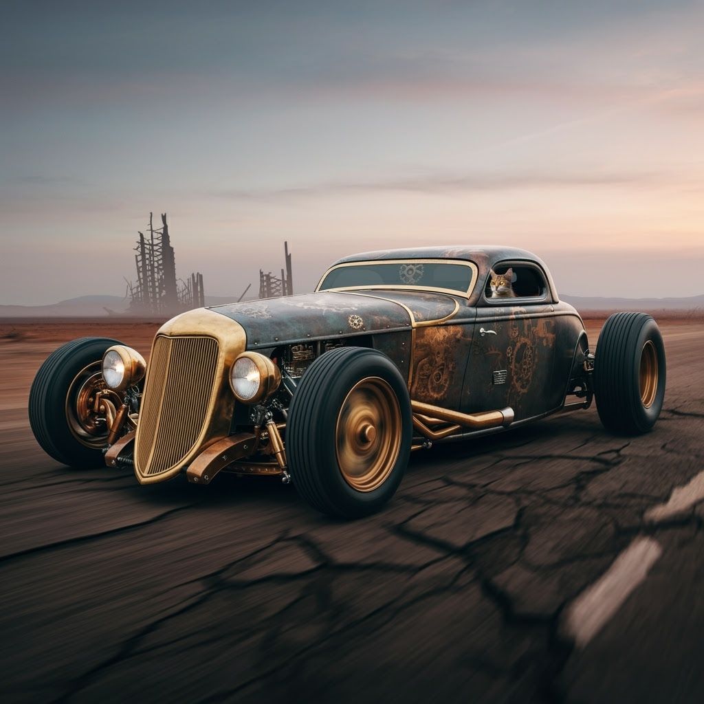 Steampunk Hotrod Races Through Wasteland with Cybernetic Cat
