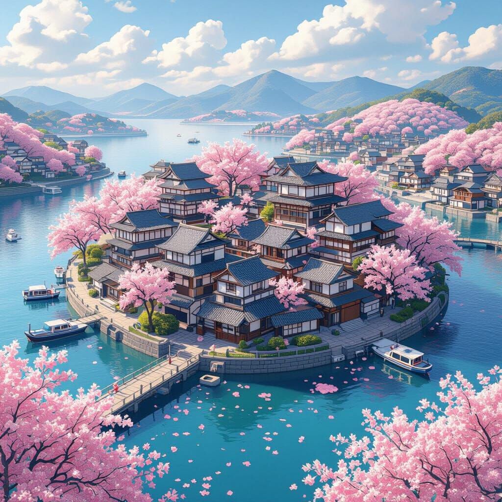 Cherry Blossom Island in 3D Anime Style