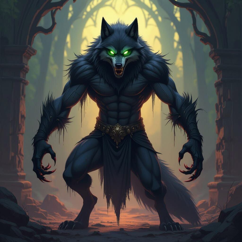Muscular 6-Armed Wolf with Spider Eyes in Dark Fantasy