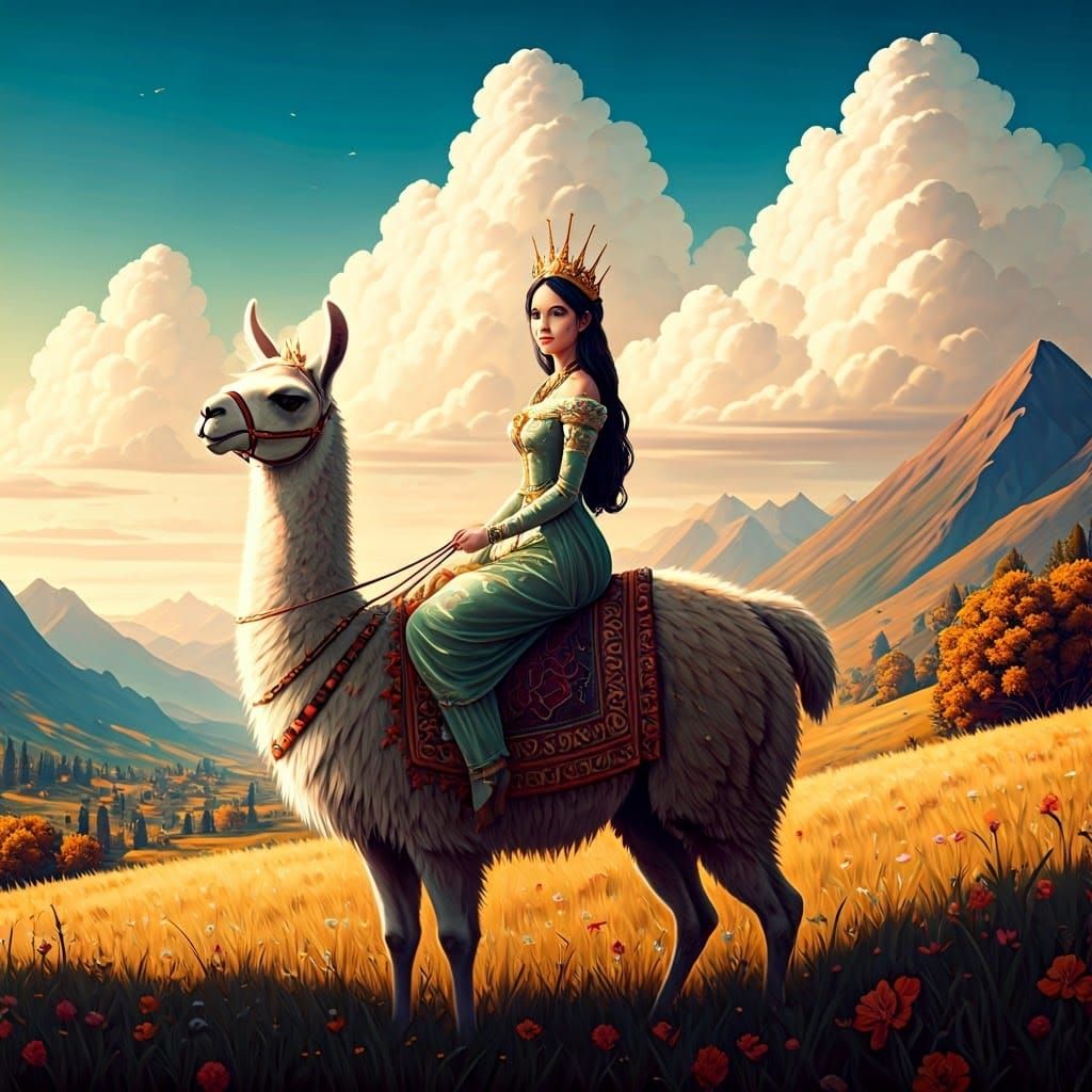 Elegant Princess Rides Gentle Llama in Vibrant Andean Landsc...