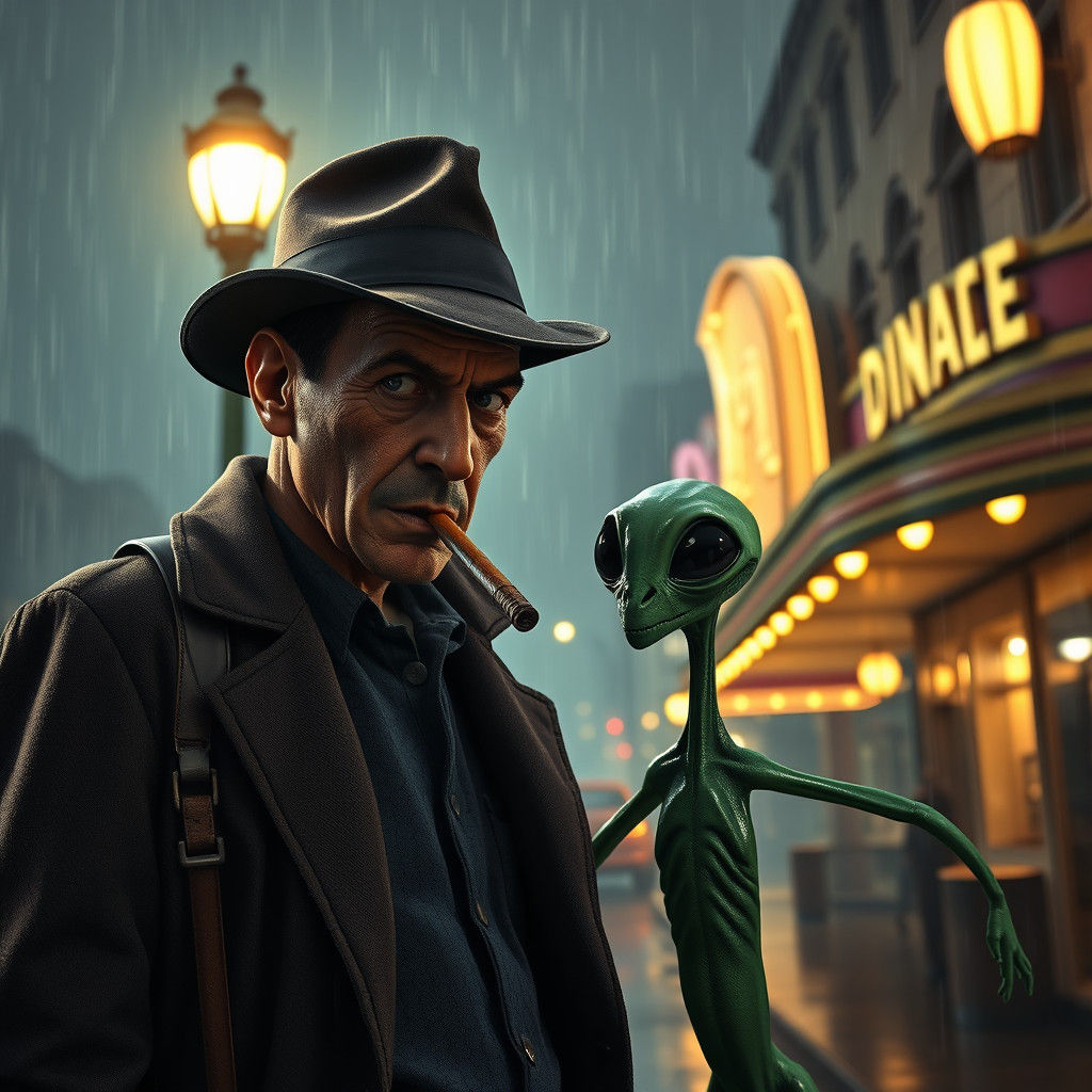 Noir Detective Interrogates Alien in Rainy Los Angeles