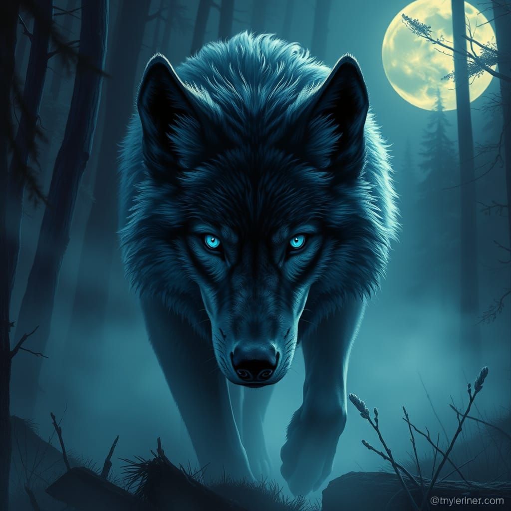 Moonlit Wolf in Mystical Forest Landscape