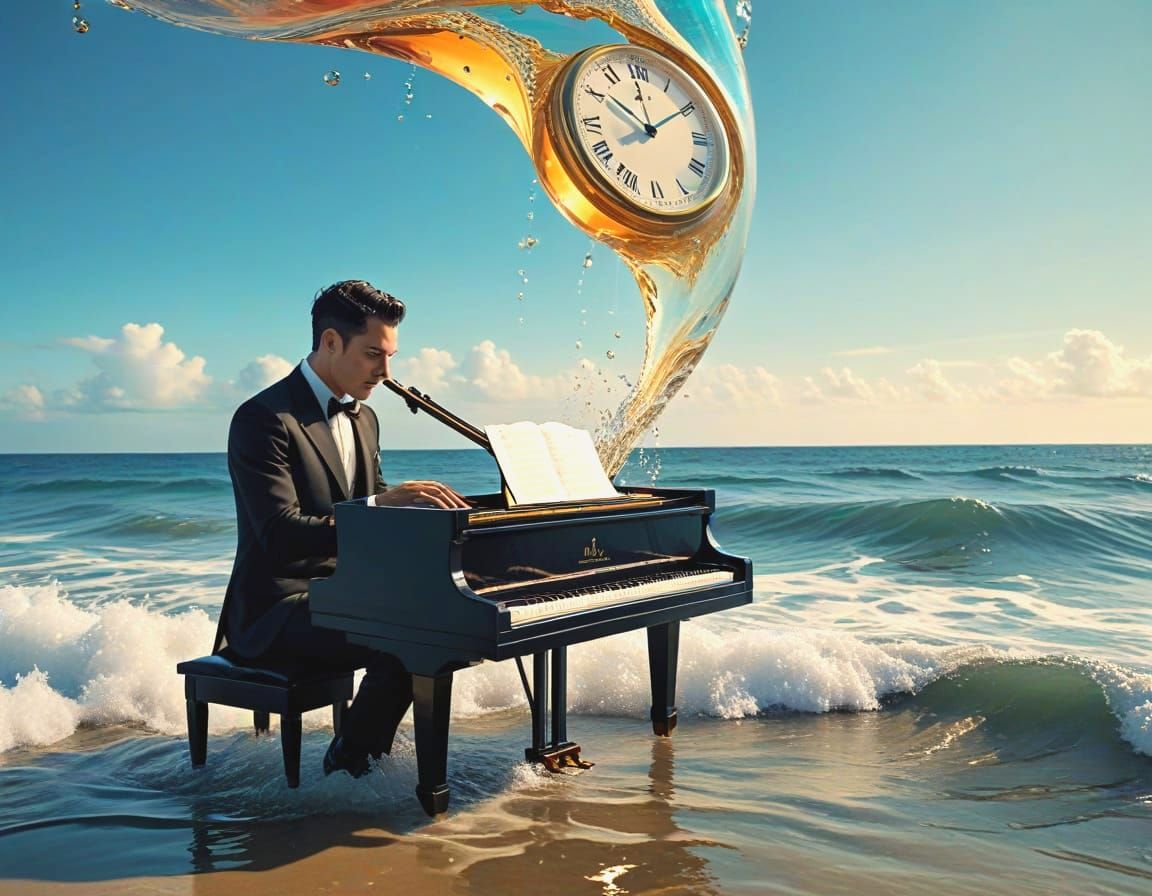 Surreal Pianist Sinks into Swirling Ocean with Melting Clock...