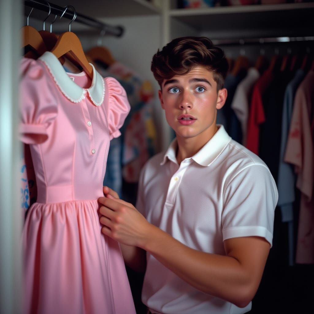 Man Surprised Holding Dress: Cinematic Film Still