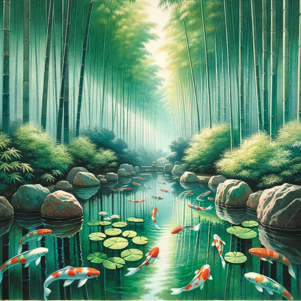 Koi Pond in Bamboo Forest Watercolor Painting