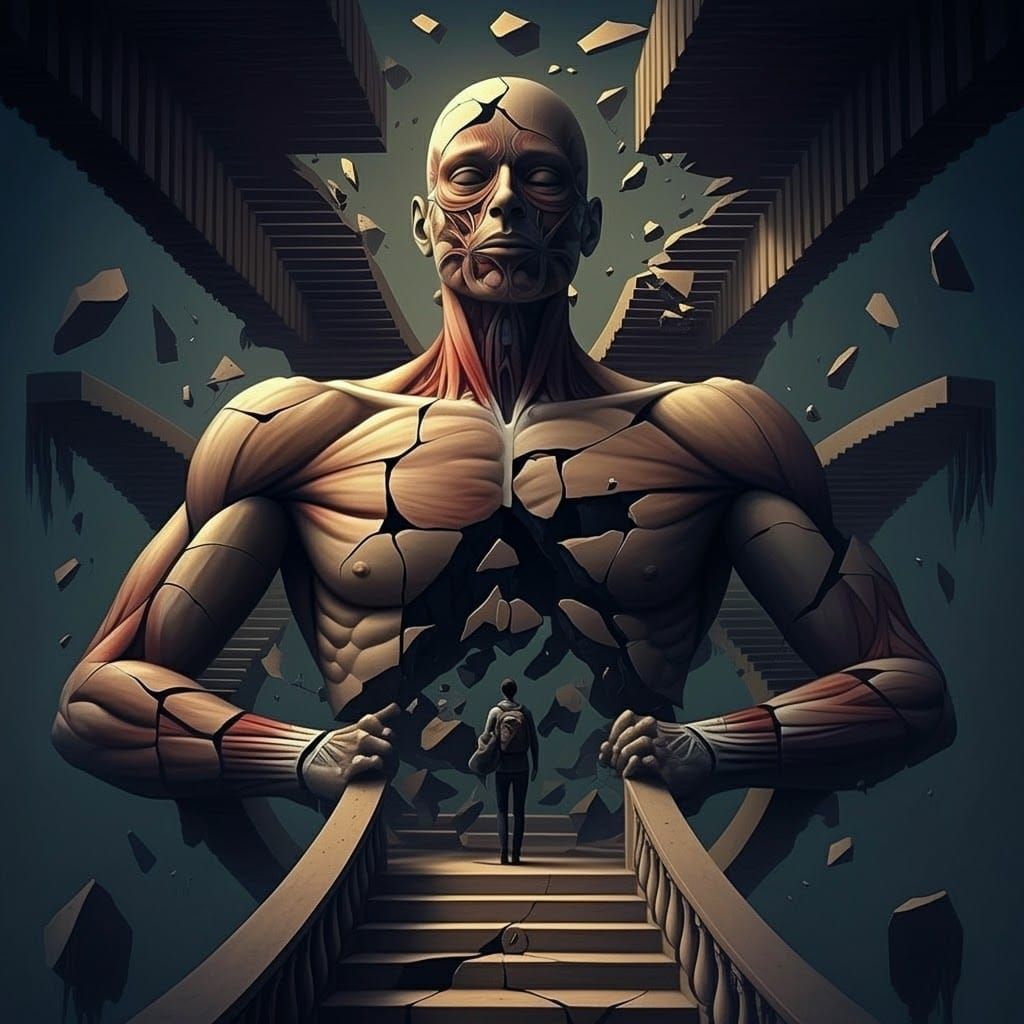 Surreal Statue: Human Walking on Carved Stairs