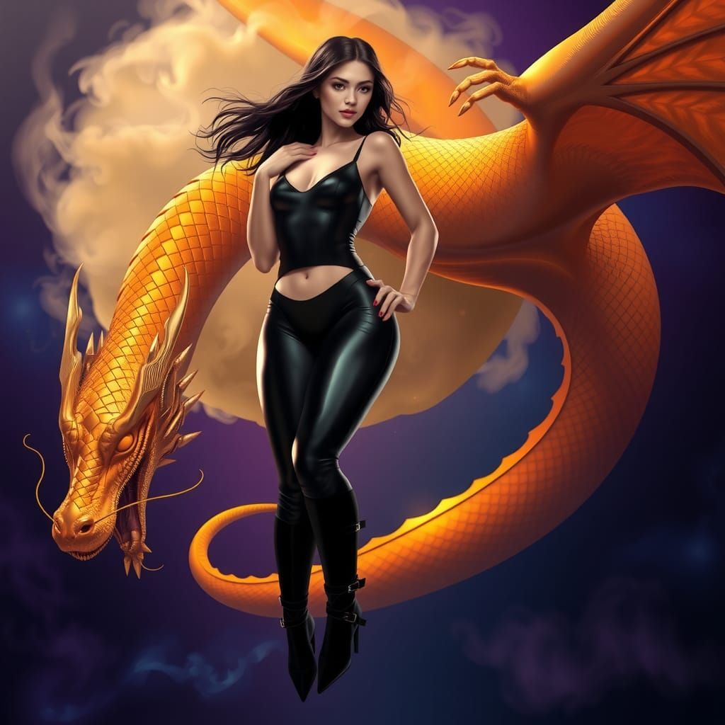 Lady with Copper Dragon in Steampunk Style