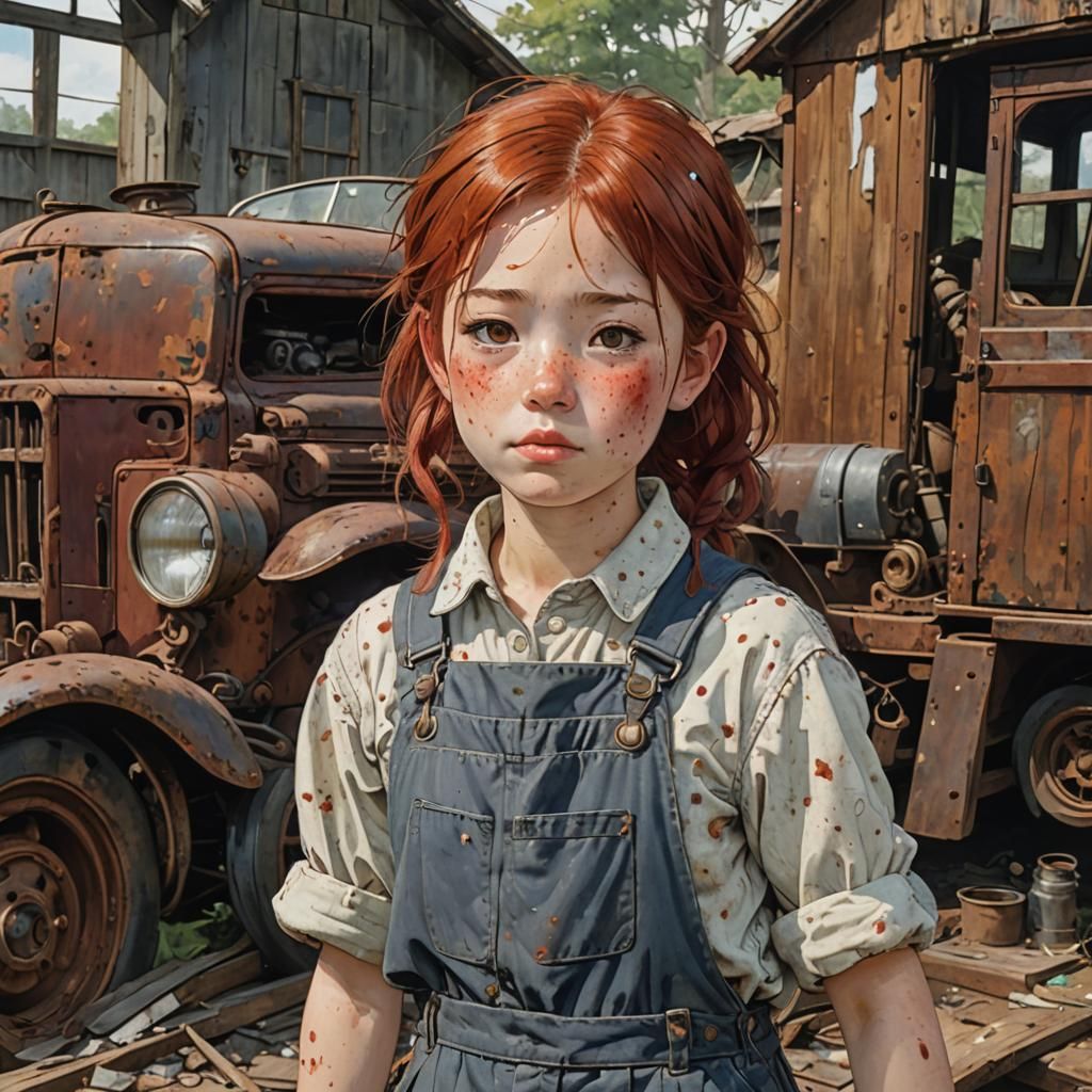 Girl Mechanic in Miyazaki Style: Red Hair, Freckles
