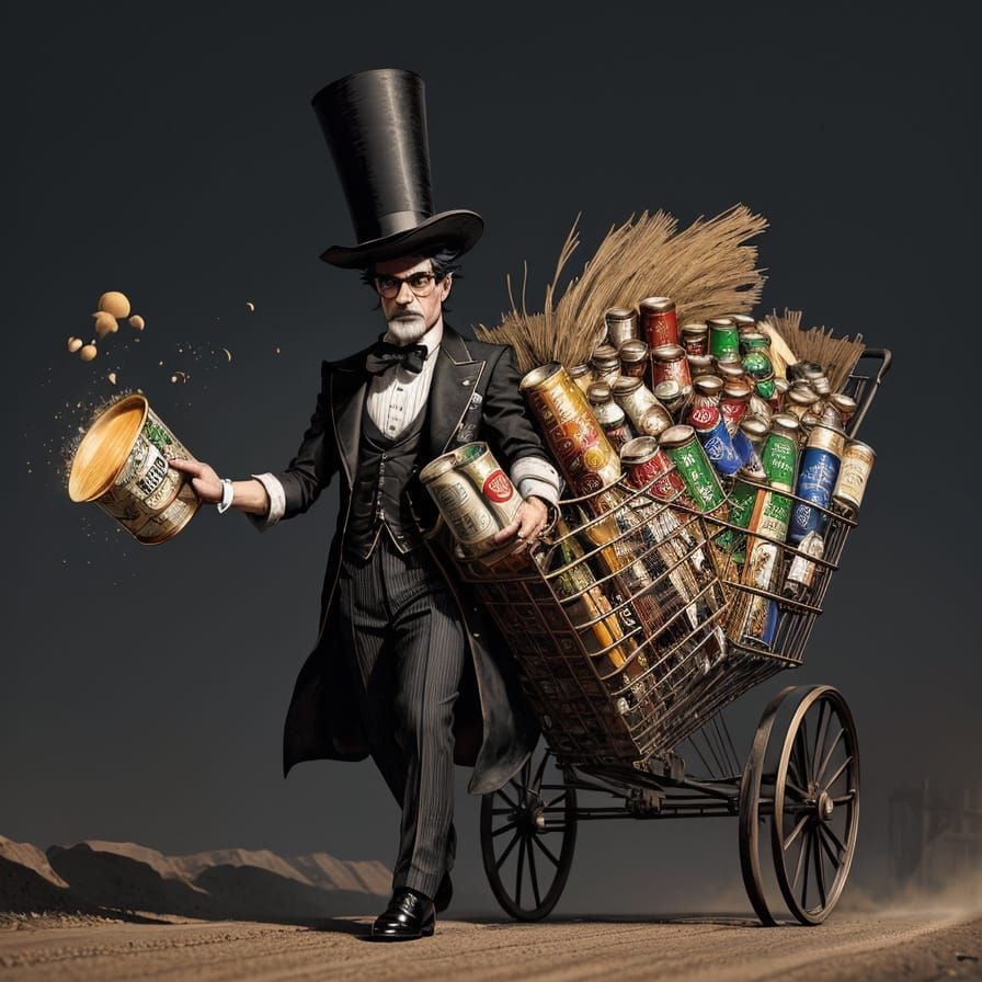 Soup Can Man on Dusty Road: Detailed Art