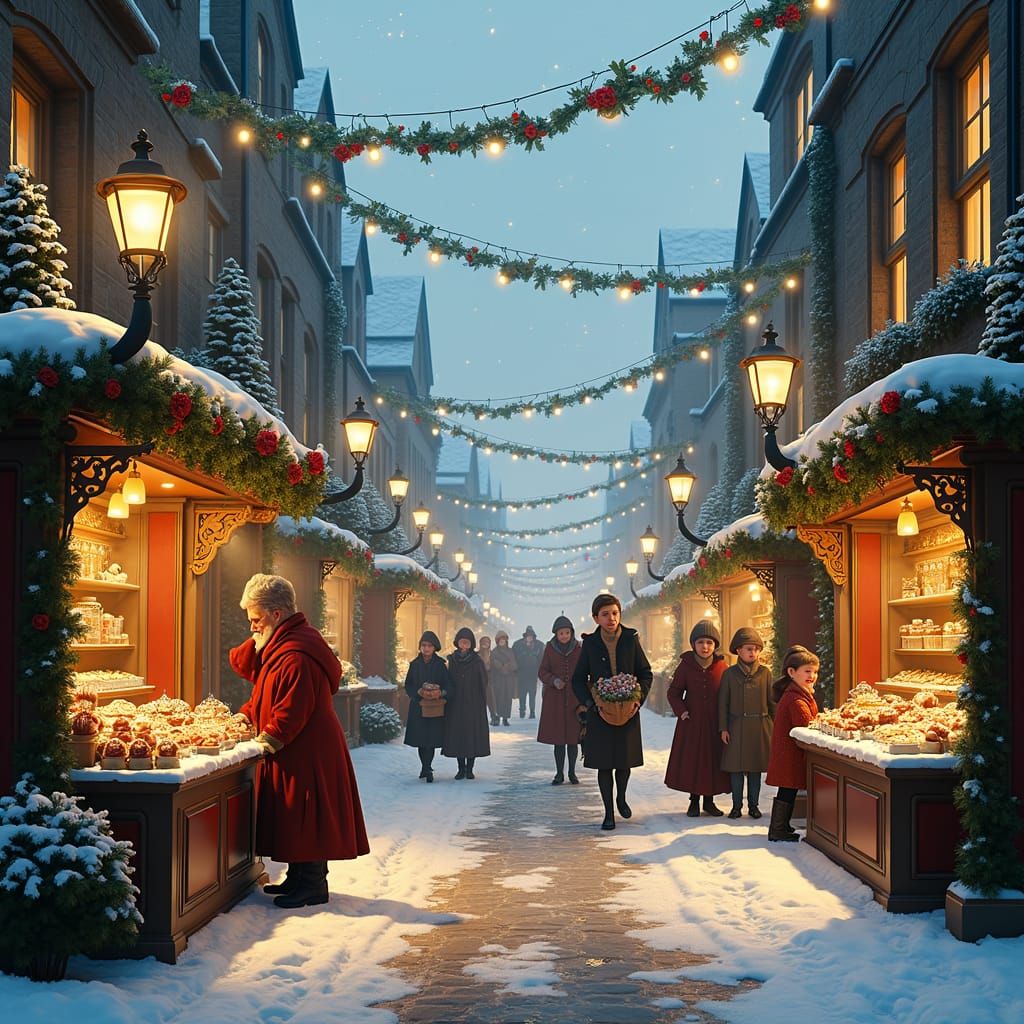 Victorian Christmas Street Scene in Matte Painting Style