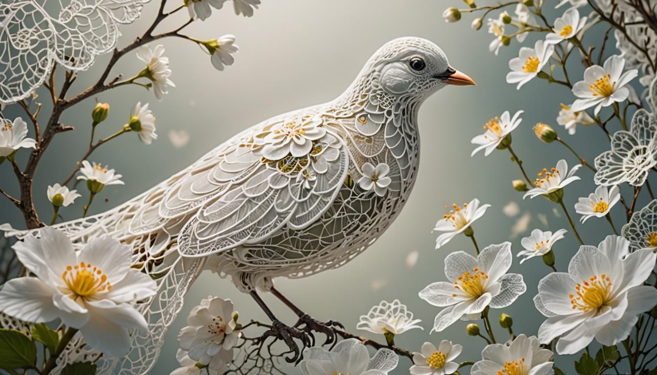 Lace, Flowers, and Bird in Double Exposure Style