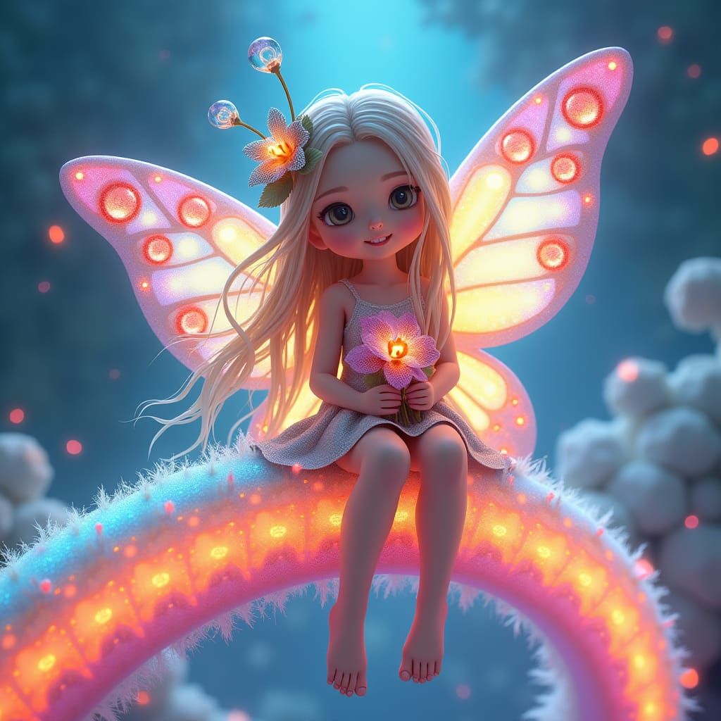 A  beautiful and cheerful butterfly girl sitting on rainbow ...
