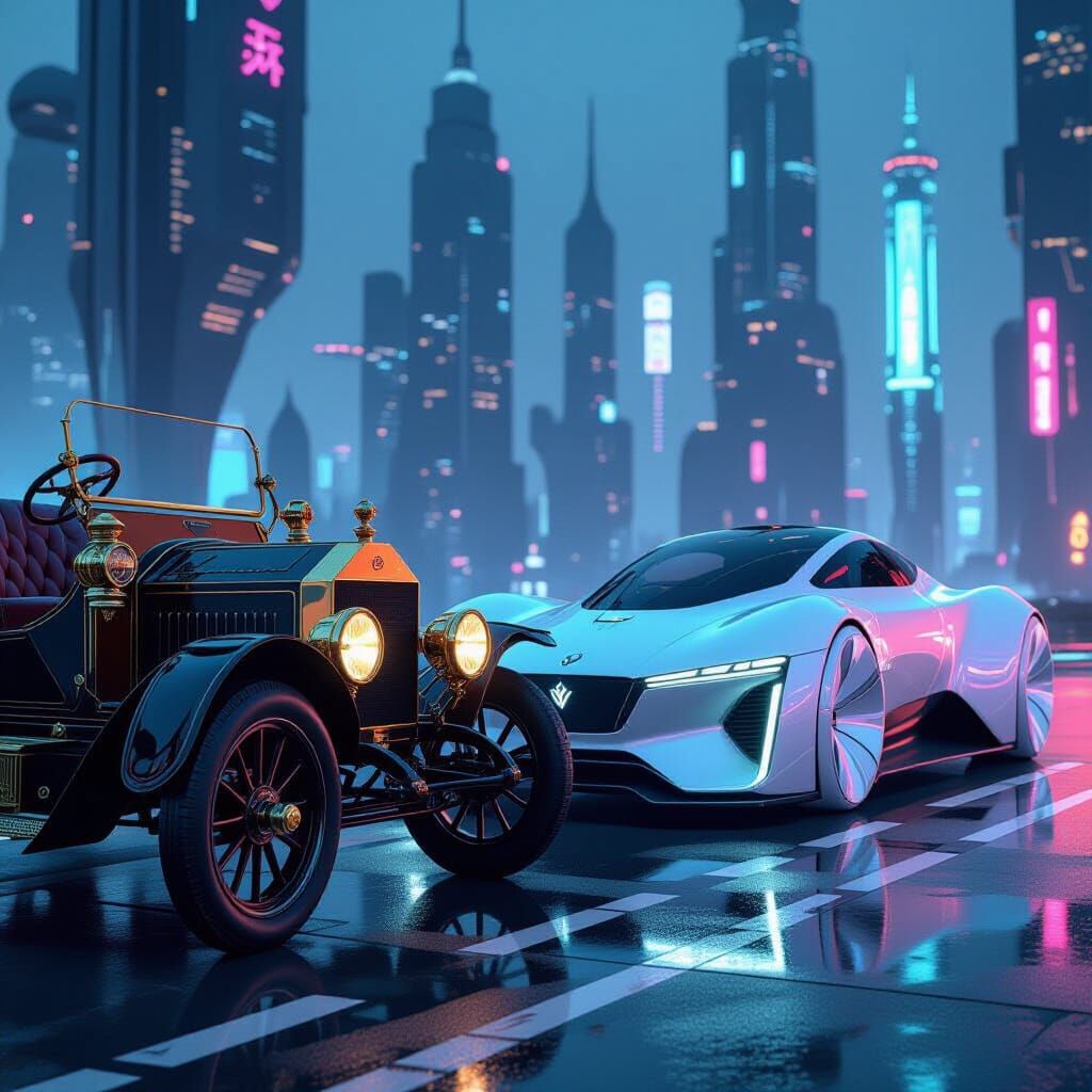 1890s Automobile Meets Futuristic Car in Cityscape
