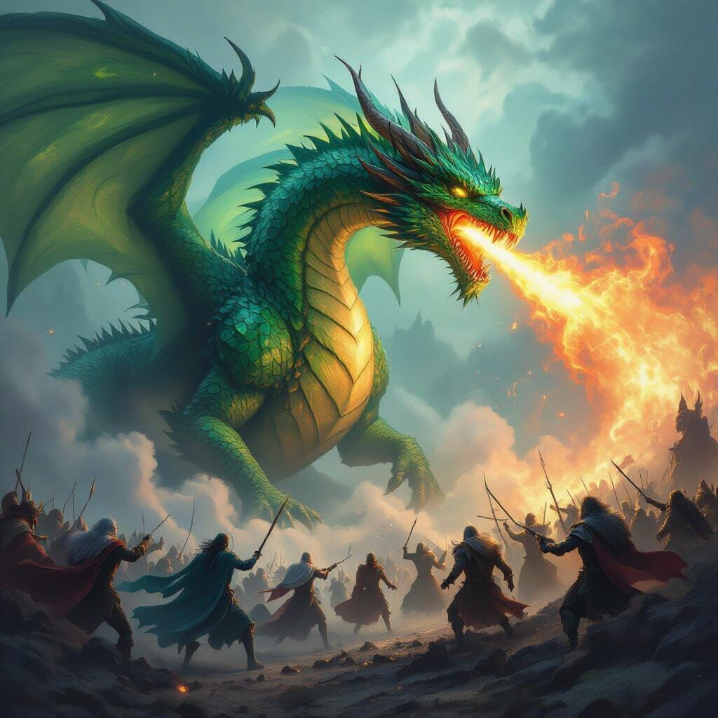 Colossal Emerald Dragon Fights With Army in Heroic Fantasy B...