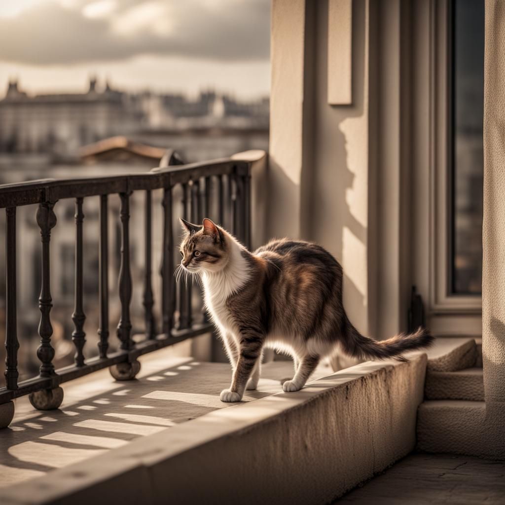 Elegant Cat on Terrace in Hyperrealistic Style
