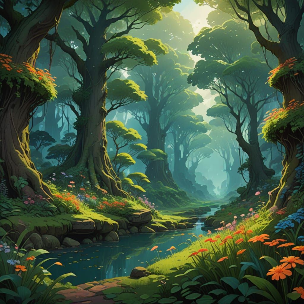 Whimsical Forest Glade in Vibrant Watercolor Style