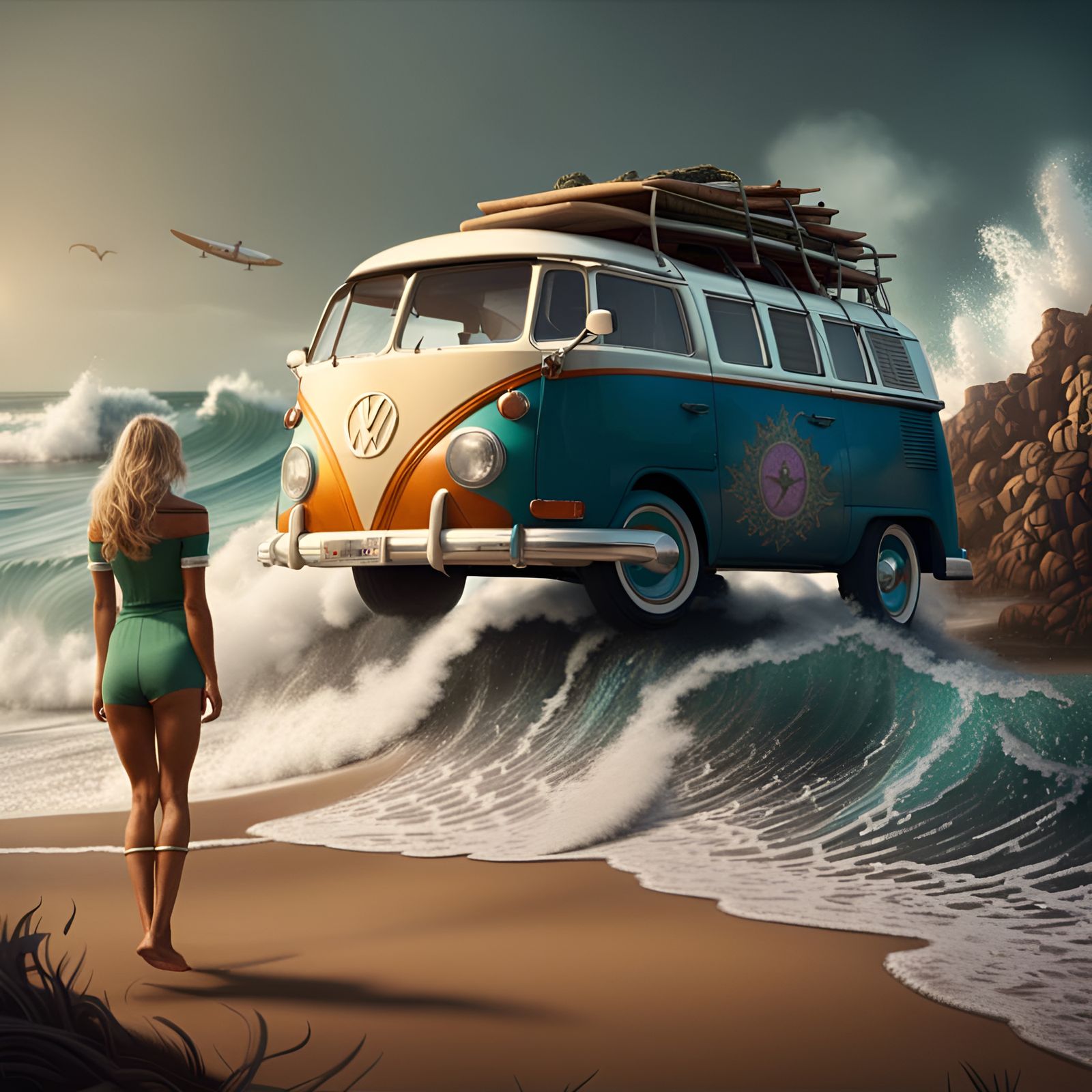 Surfer Woman With VW Kombi at Beach