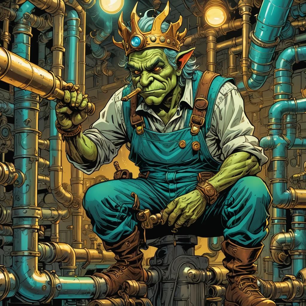 Goblin Plumber King Fixing a Pipe: Comic Book Art