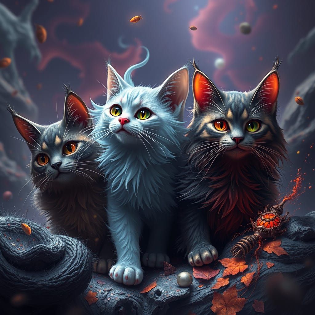Majestic Family of Cats in Vibrant Fantasy Realm