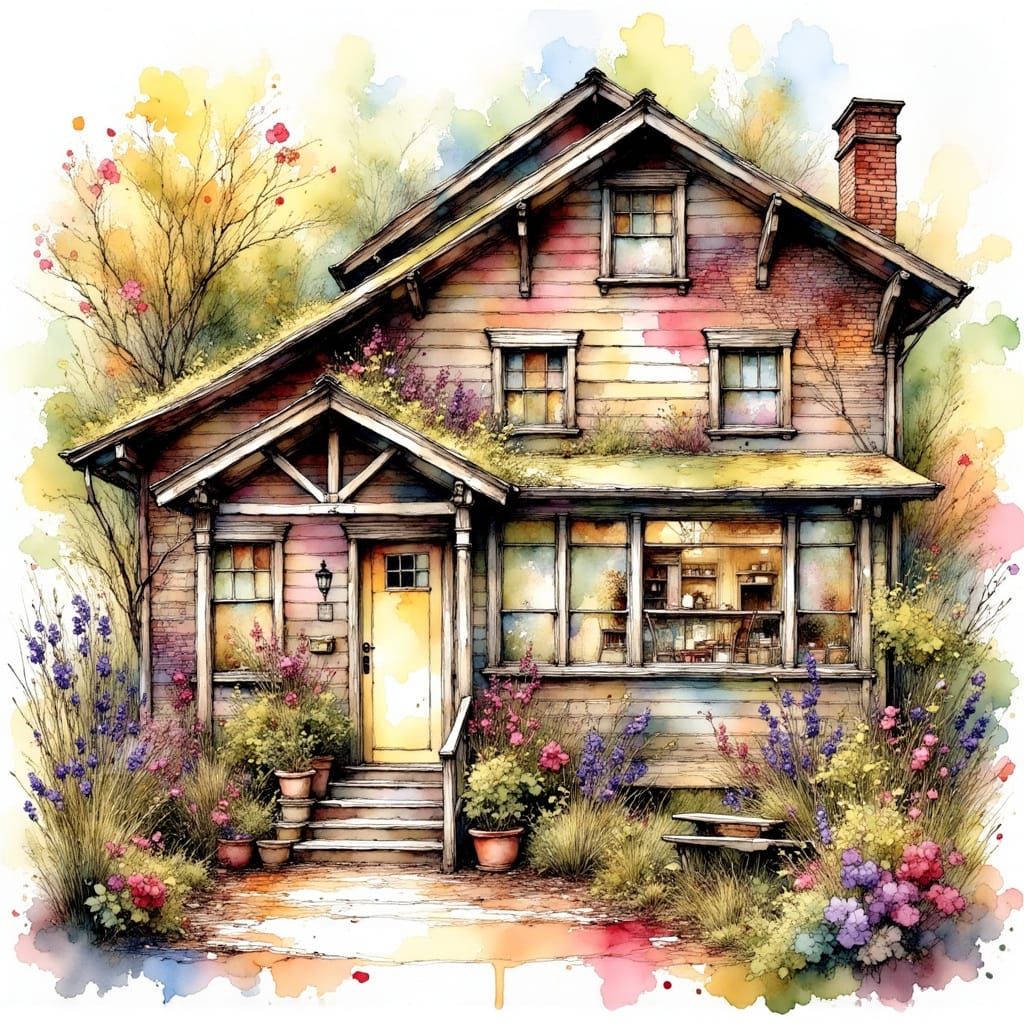 Whimsical Ink Poet Cottage in Vibrant Colors