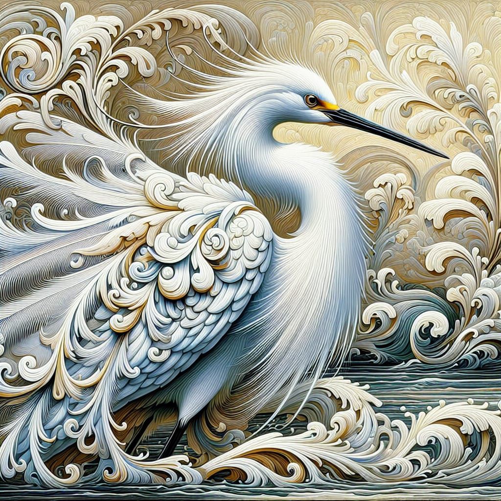 Majestic Snowy Egret Oil Painting in Art Nouveau Style