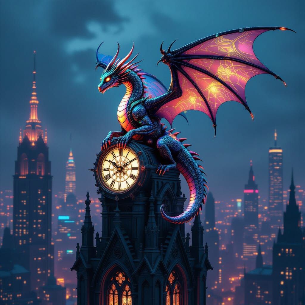 Bioluminescent Clockwork Dragon Over Cyberpunk City in Film ...