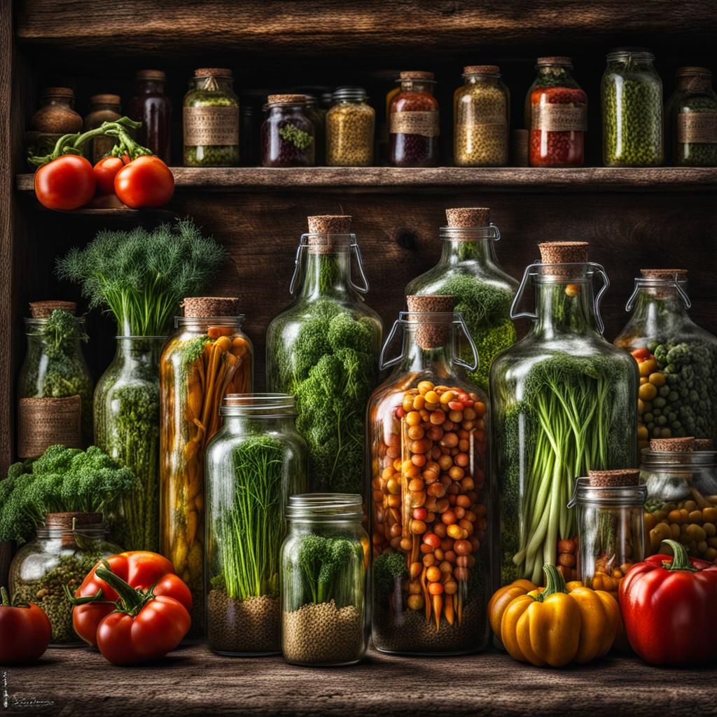 Bottled Homestead: Hyperrealistic Still Life with Vegetables