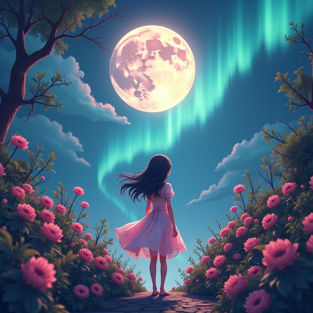 Anime Girl in Dreamlike Aurora Landscape