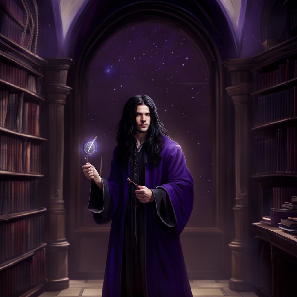 Young Wizard in Library Looking at Space