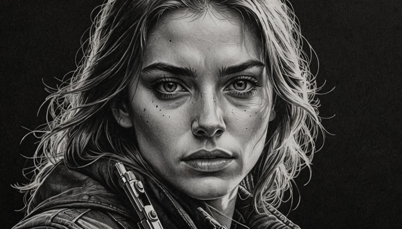 Detailed Pencil Portrait of Young Woman with Gun
