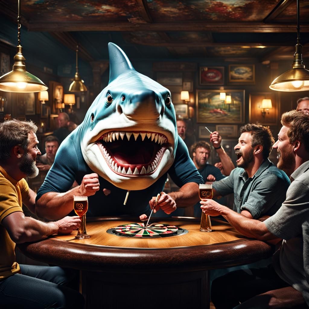 Shark-Headed Man Plays Darts in Hyperrealistic Style