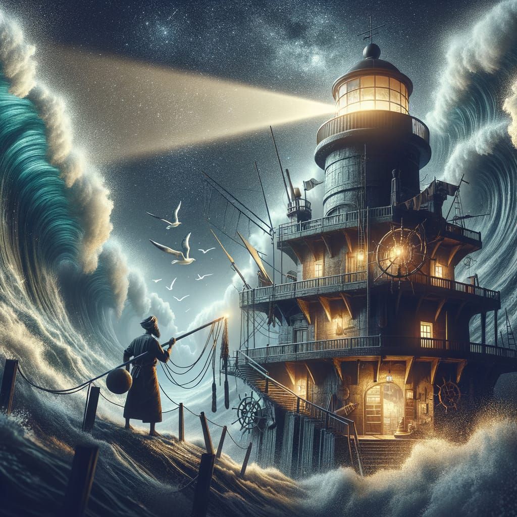 Lighthouse Keeper Tends Beacon Amidst Tempestuous Seas