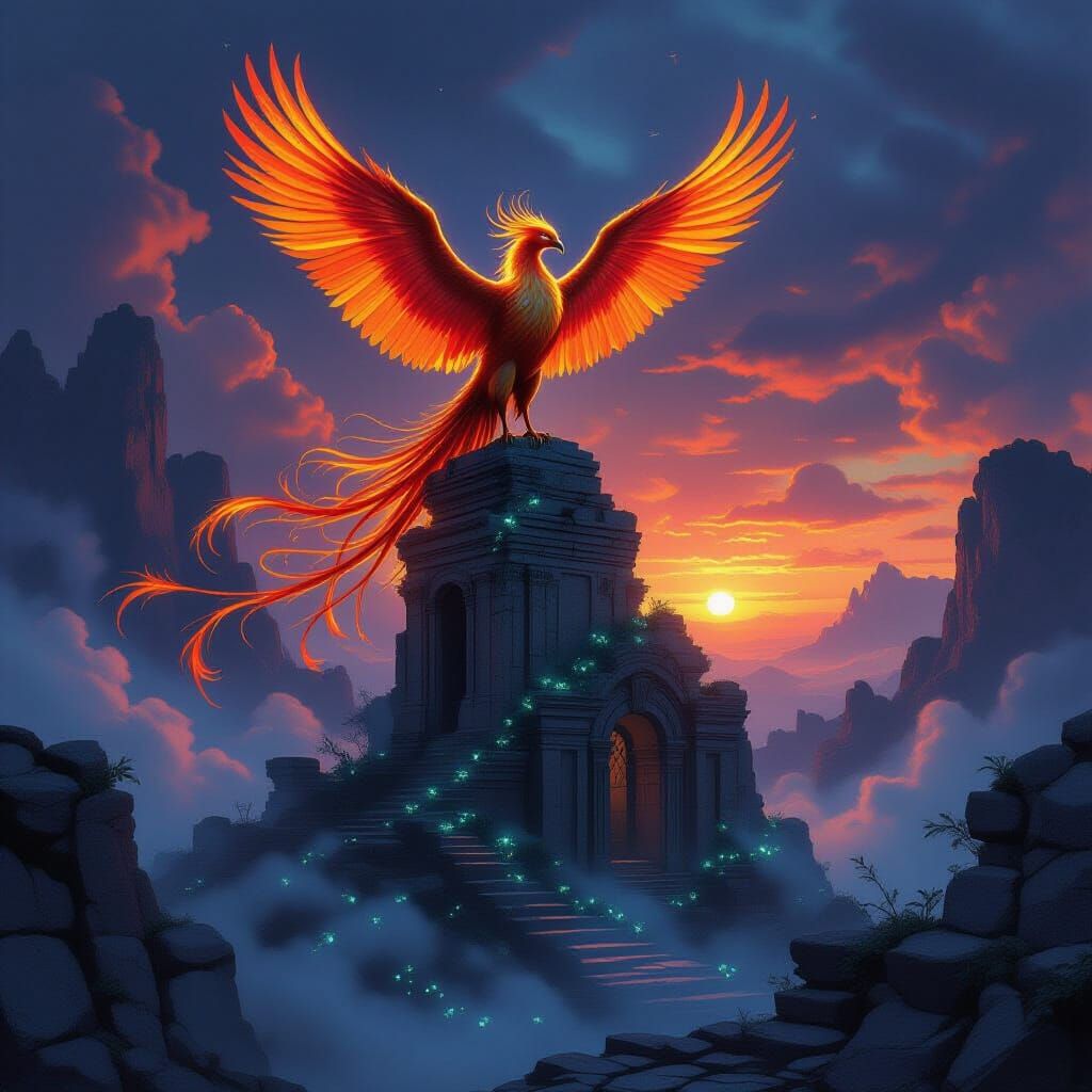 Majestic Phoenix on Ancient Ruin with Bioluminescent Flora