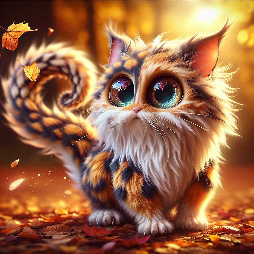 the cutest furry cat, expressive prismatic eyes, fluffing up...