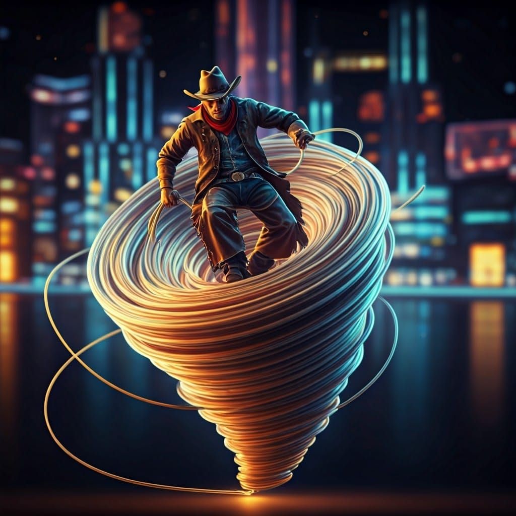 Larger-Than-Life Cowboy Hologram Dominates Neon City Cyclone