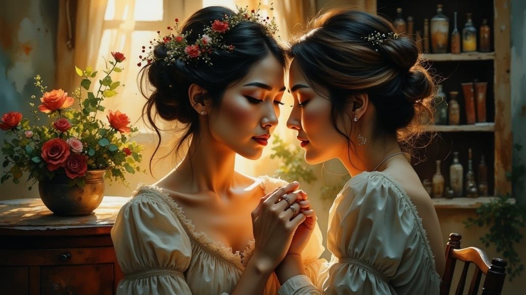 Romantic Woman in Antique-Filled Room