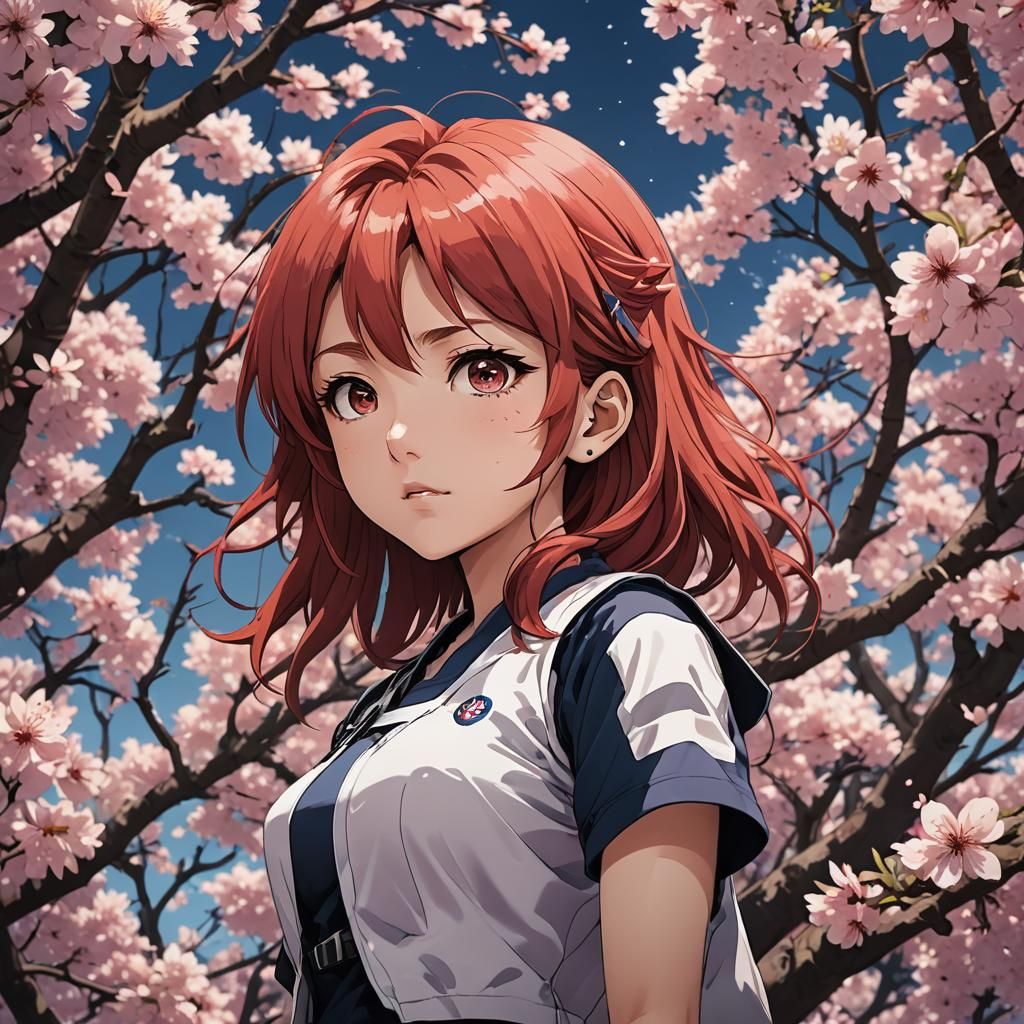 Red-Haired Sakura in Anime Cel-Shaded Style