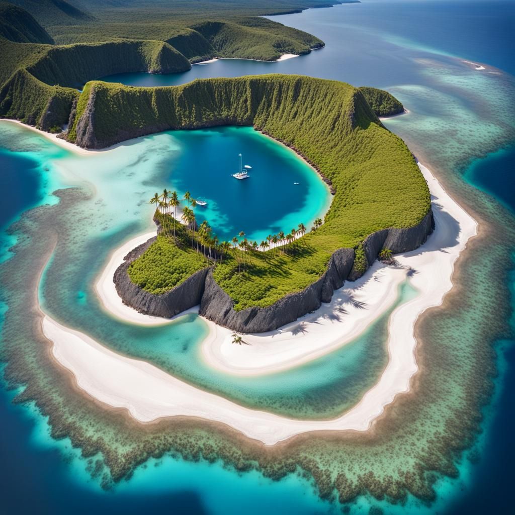 Tropical Atoll Aerial View with Volcano