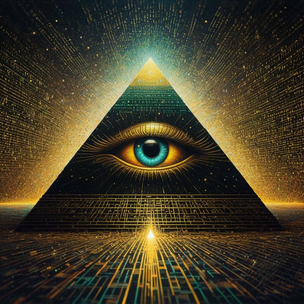 Radiant Gold Eye Pyramid in Glitchcore Style