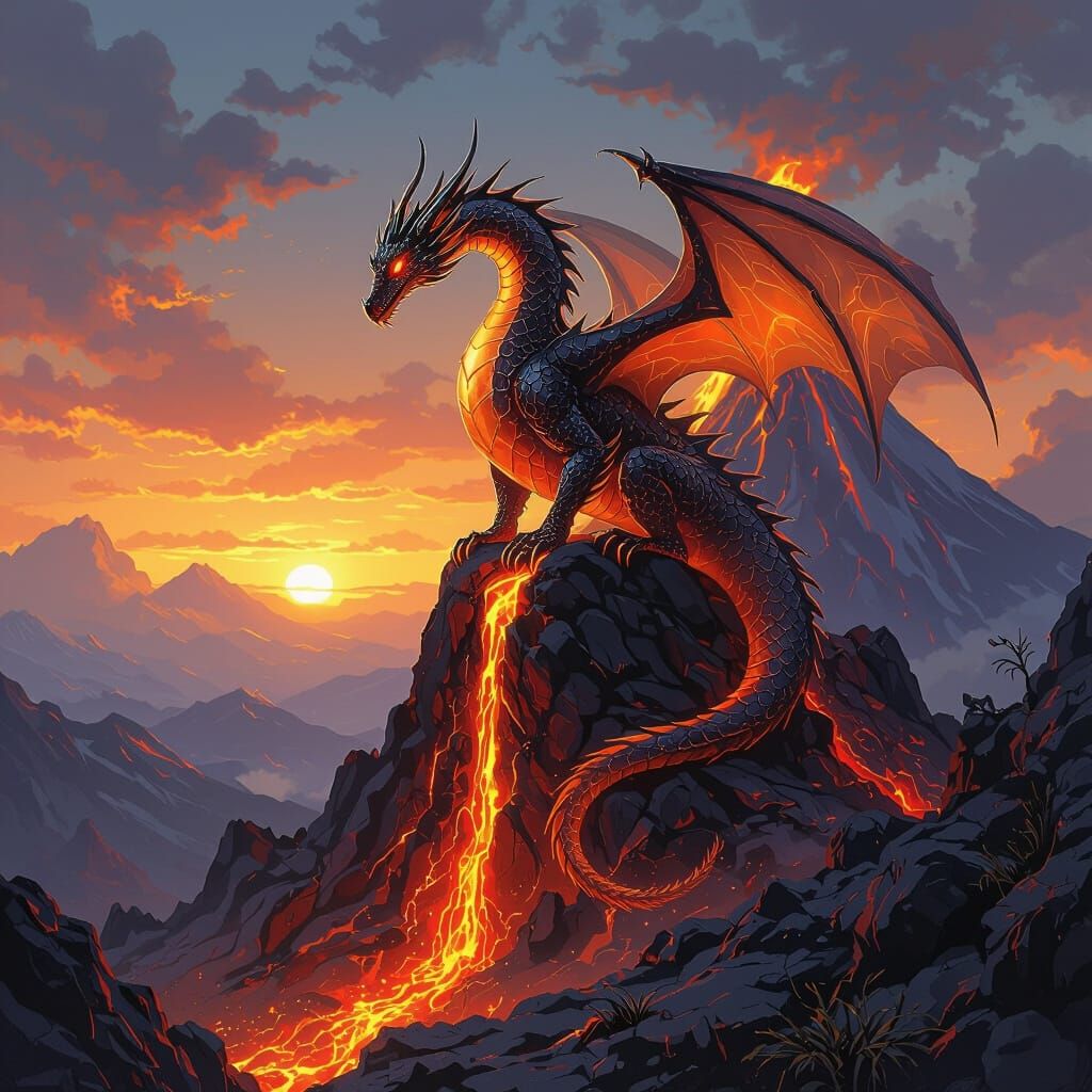 Fire Dragon Circles Volcano at Twilight as Digital Painting