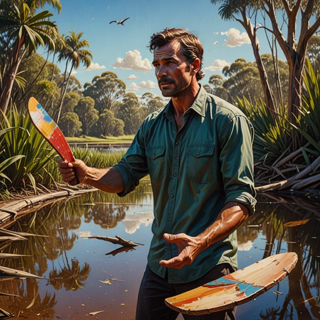 Man at an Australian billabong, holding a curved flattened p...